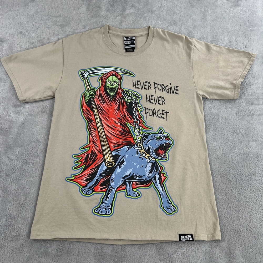 Broken Promises T-Shirt M Tan Reaper Horse Graphic Skate Streetwear Mens Goth